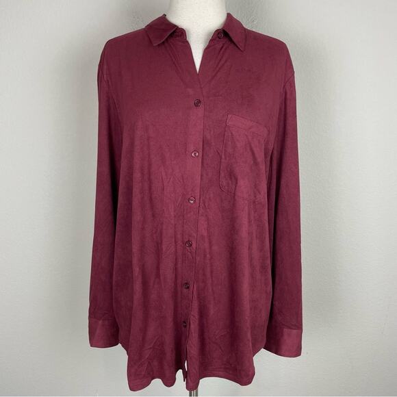 Chico's Maroon Faux Suede Button Down Shirt 3 - Picture 1 of 7